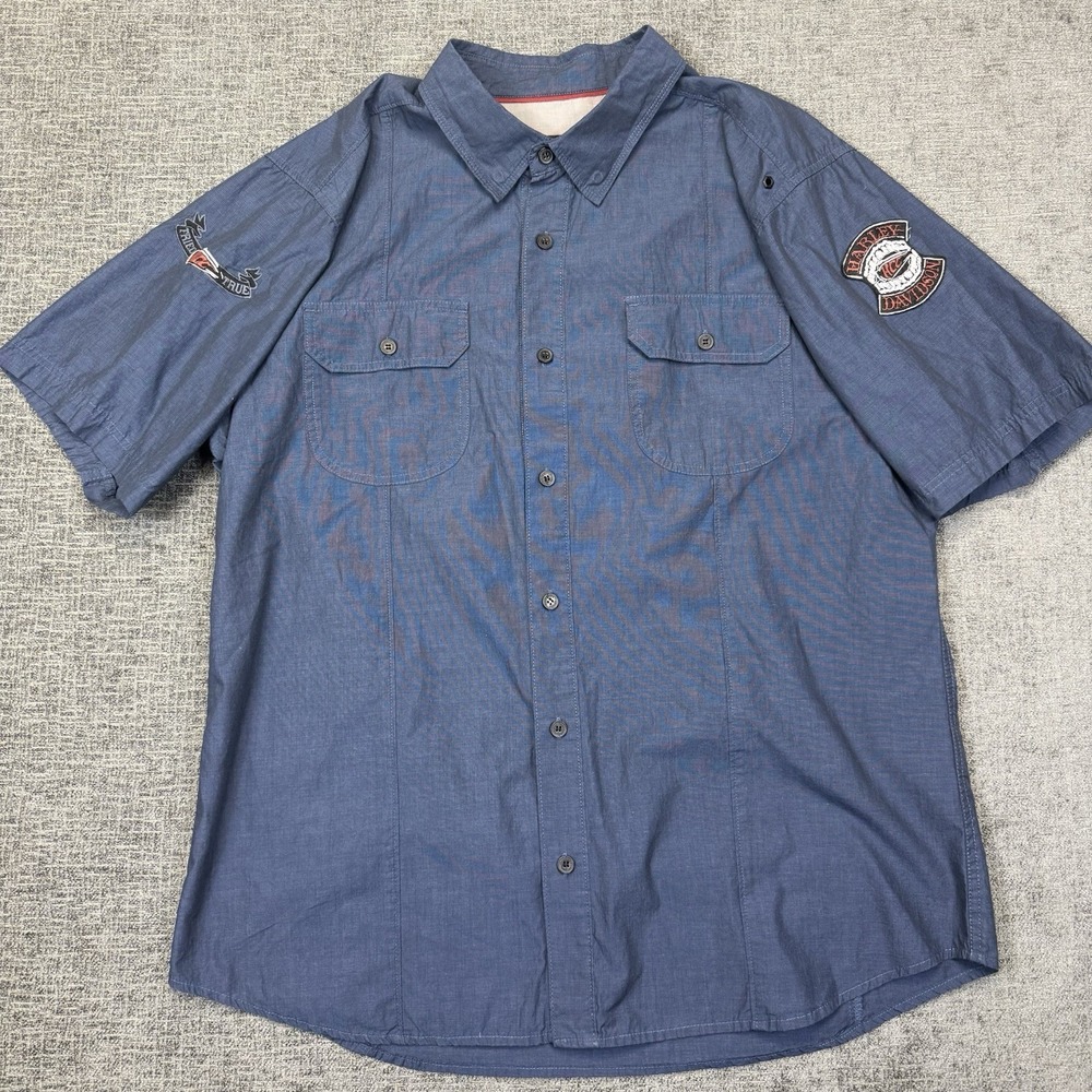 Harley Davidson Shirt Mens 2XL Blue Short Sleeve Button Patch Tried & True‎